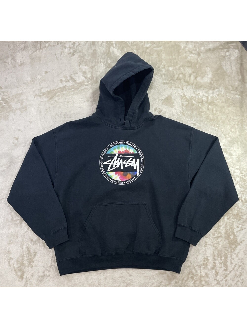 Vintage STUSSY Chest Tie Dye Logo Pullover Hoodie Sweatshirt Black Mens L *READ*